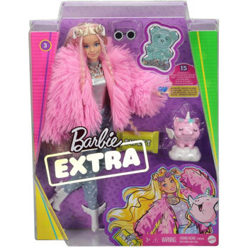 Picture of Mattel Barbie Extra Doll In Pink Fluffy Coat With Unicorn Pig Toy GRN28