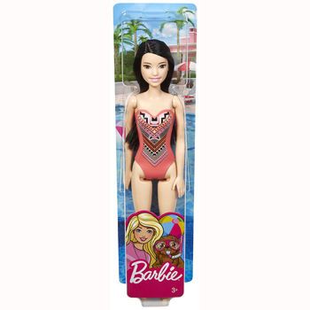 Picture of Mattel Barbie Beach Black Hair Doll With Pink Graphic Swimsuit GHW38