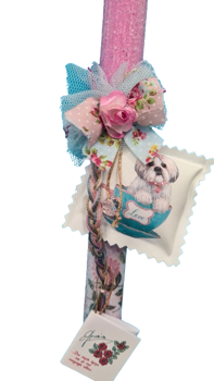 Picture of Στυλιανοπούλου Λαμπάδα Στρογγυλή Μπελόκ Floral Μαξιλάρι Σκύλου Φούξια